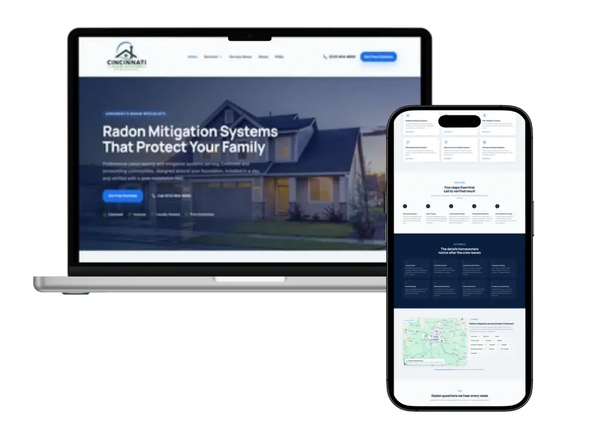 Cincinnati Radon Solutions radon mitigation website design shown on laptop and mobile