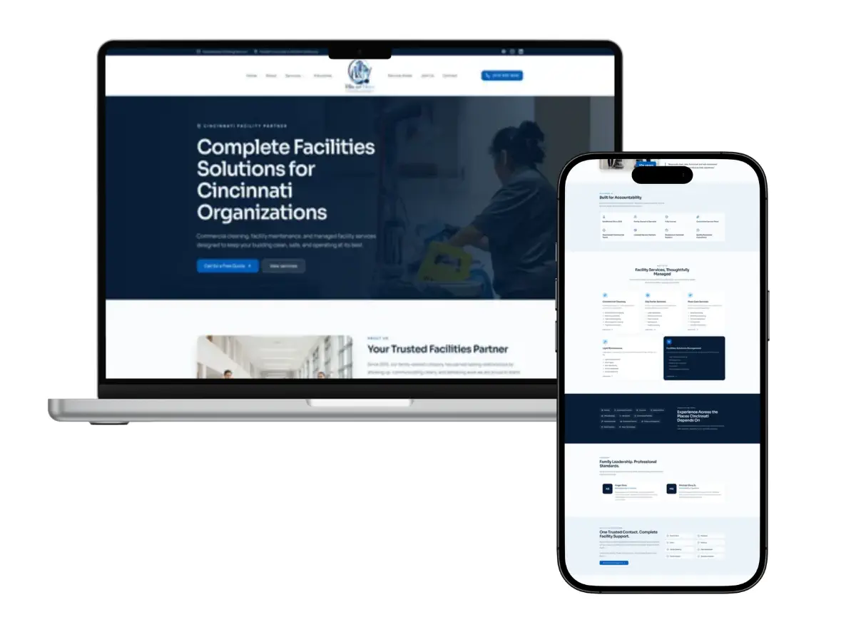 His and Hers Facilities Solutions commercial cleaning website design on laptop and mobile