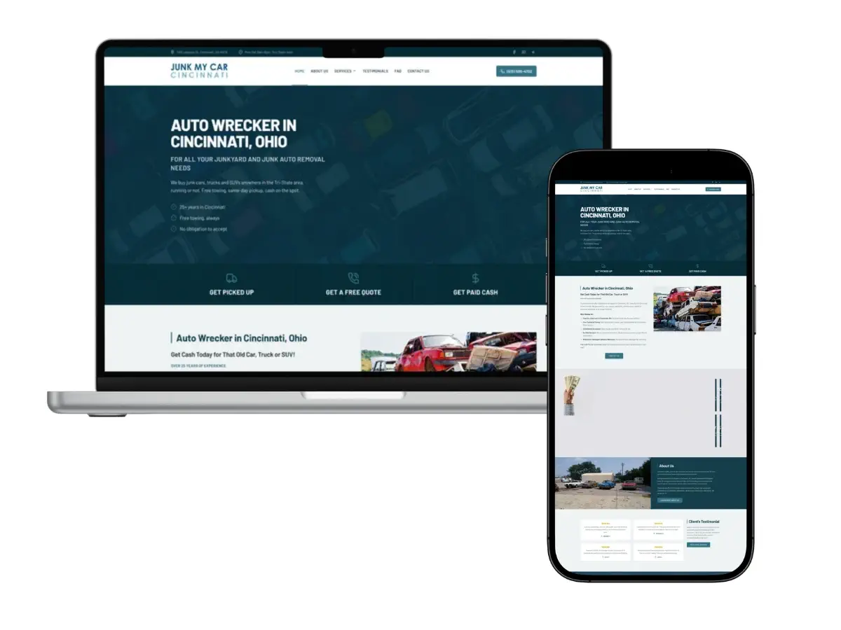 Junk My Car Cincinnati auto wrecker website design on laptop and mobile