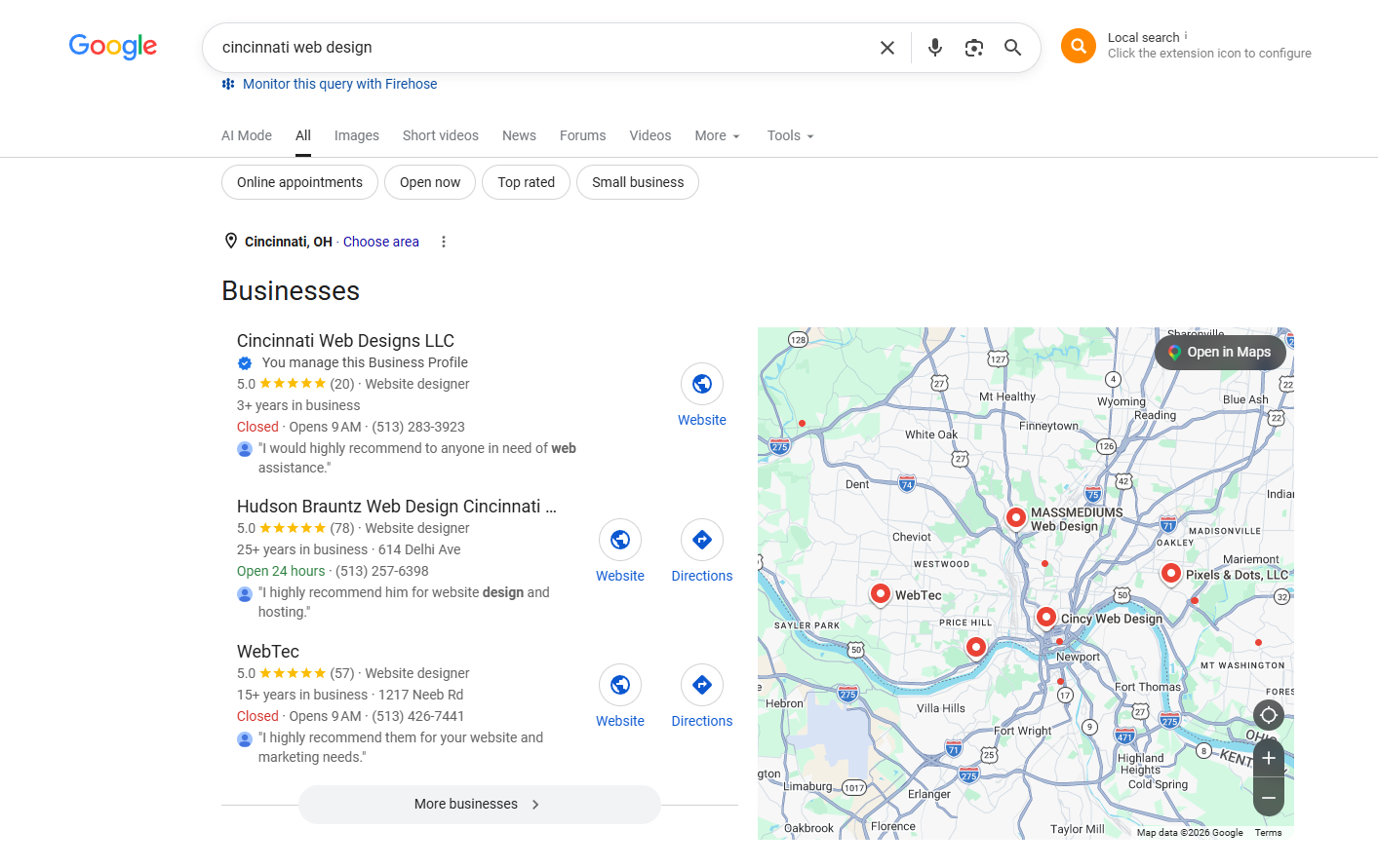 Google local pack results for "web design cincinnati" showing Cincinnati Web Designs ranked number one with a 5.0 star rating