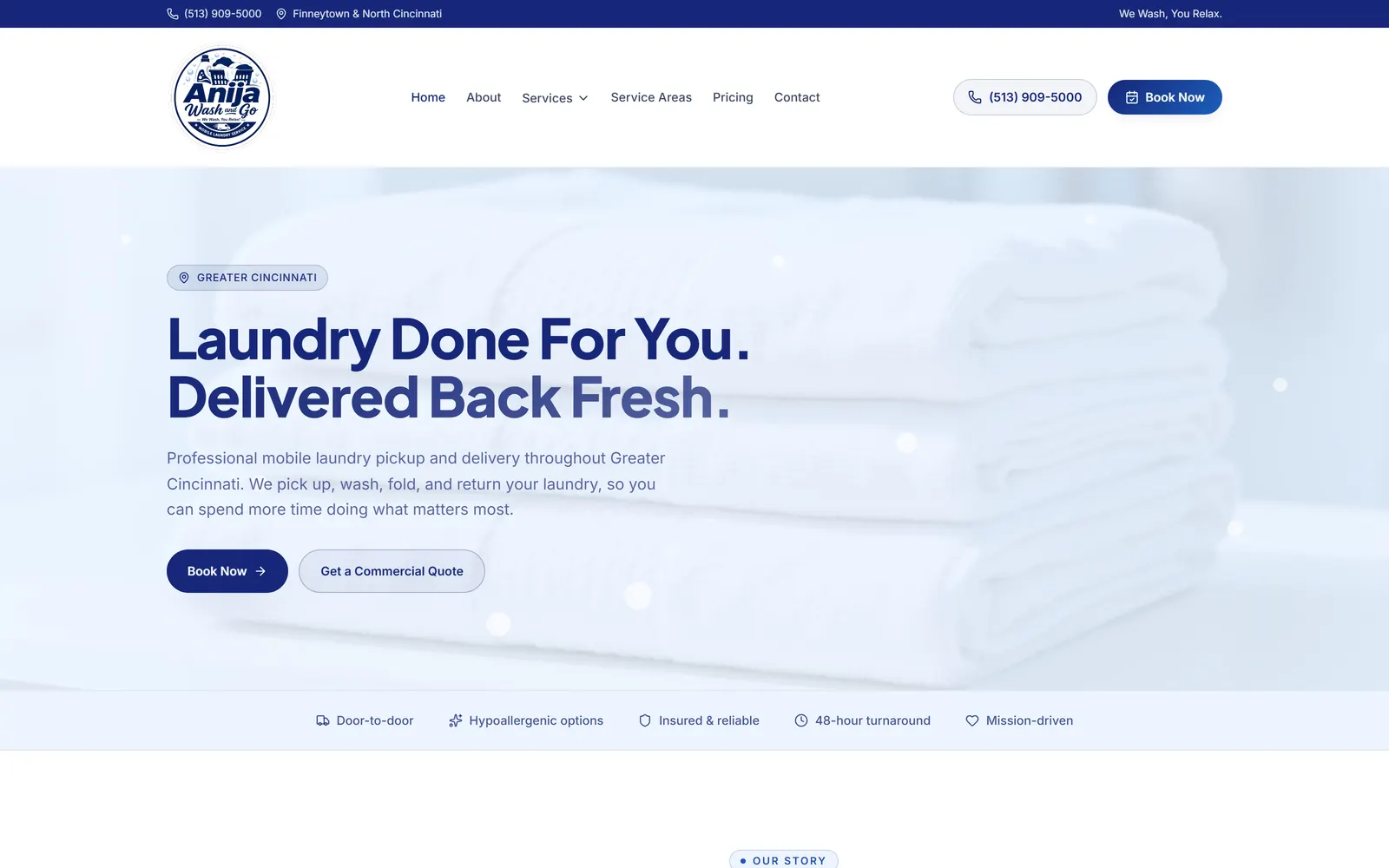 The Anija Wash and Go website on a desktop screen