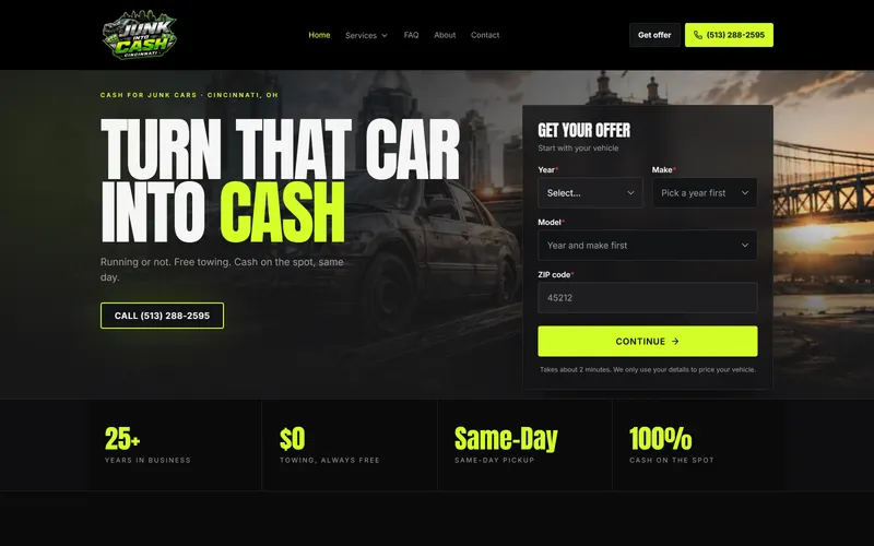 The Cincinnati Junk Cars for Cash website built by Cincinnati Web Designs