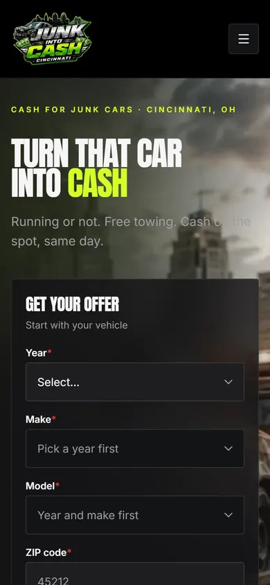 The Cincinnati Junk Cars for Cash website on a phone