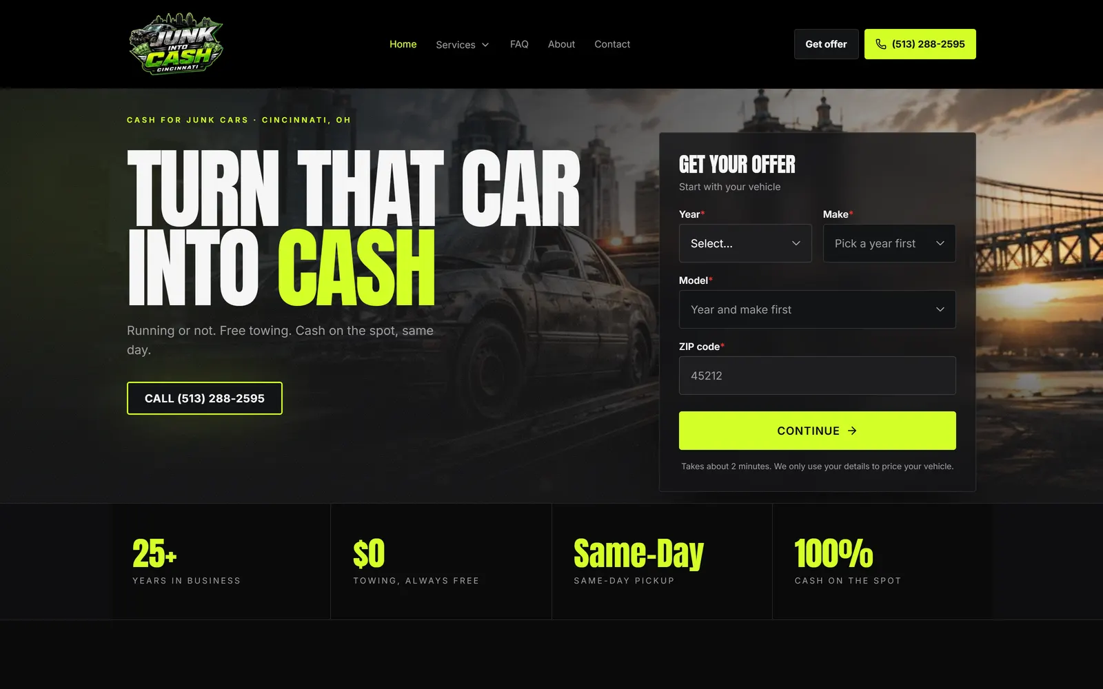 The Cincinnati Junk Cars for Cash website on a desktop screen