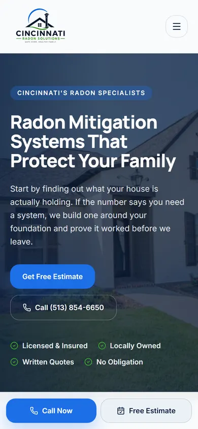 The Cincinnati Radon Solutions website on a phone