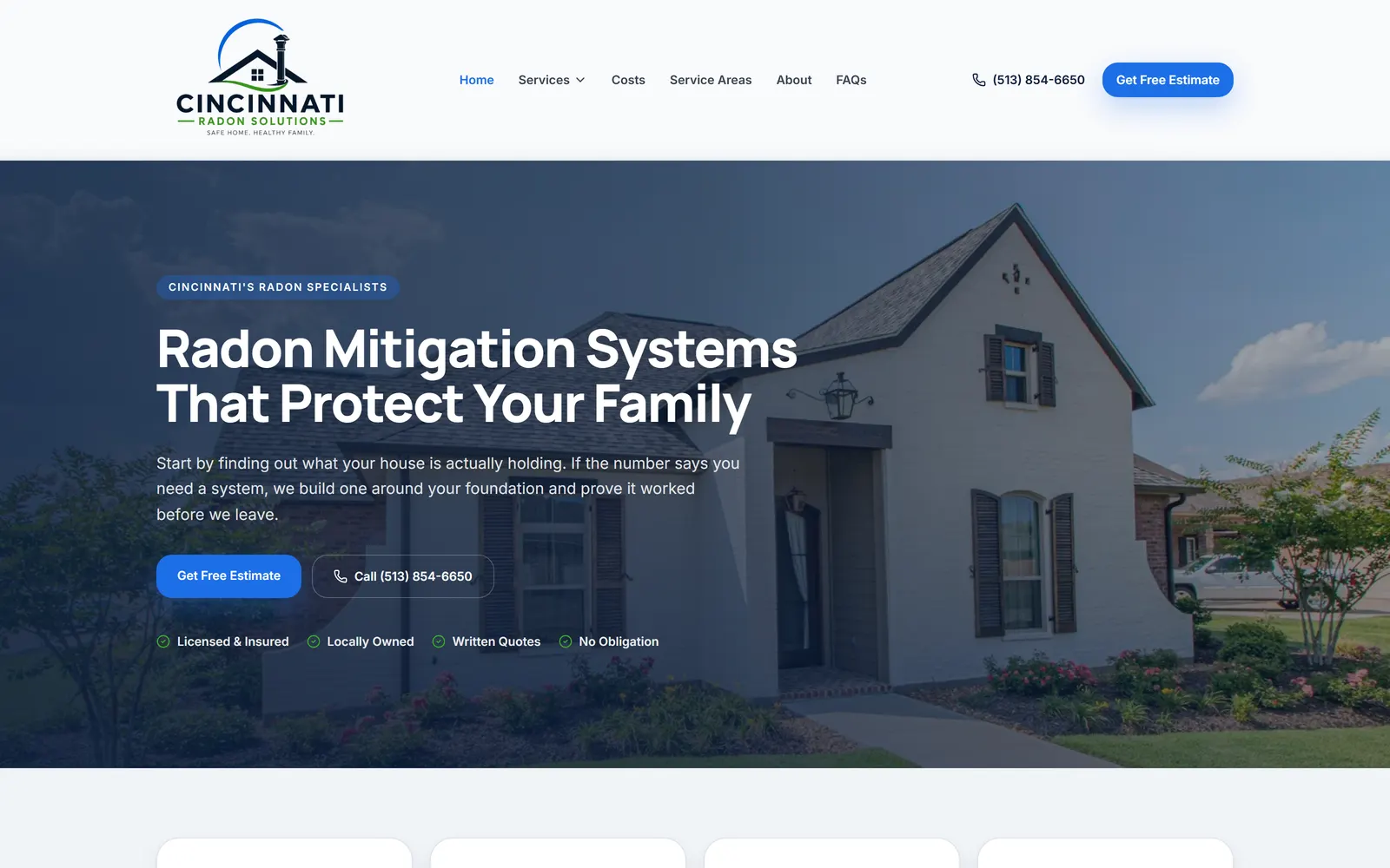 The Cincinnati Radon Solutions website on a desktop screen