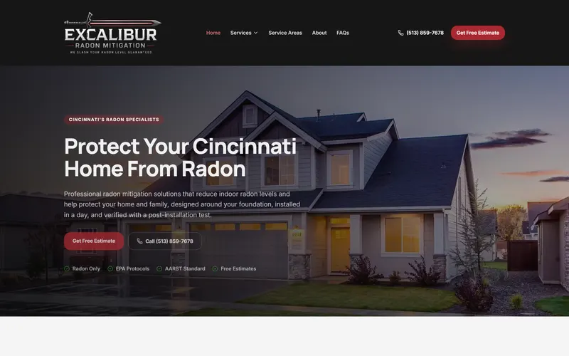The Excalibur Radon Mitigation website built by Cincinnati Web Designs