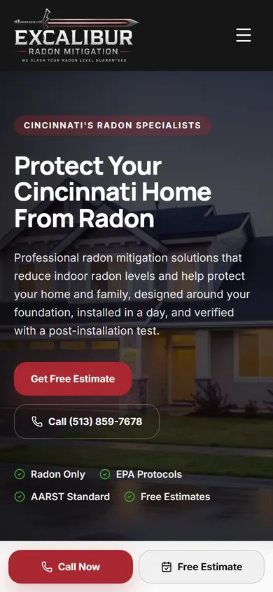 The Excalibur Radon Mitigation website on a phone
