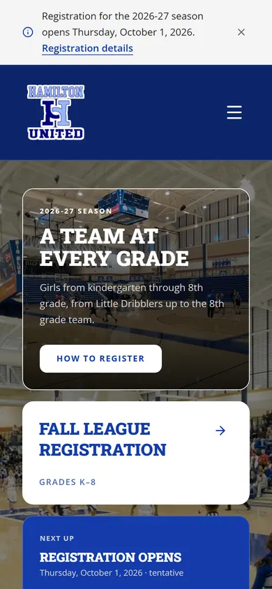 The Hamilton United Girls Basketball website on a phone