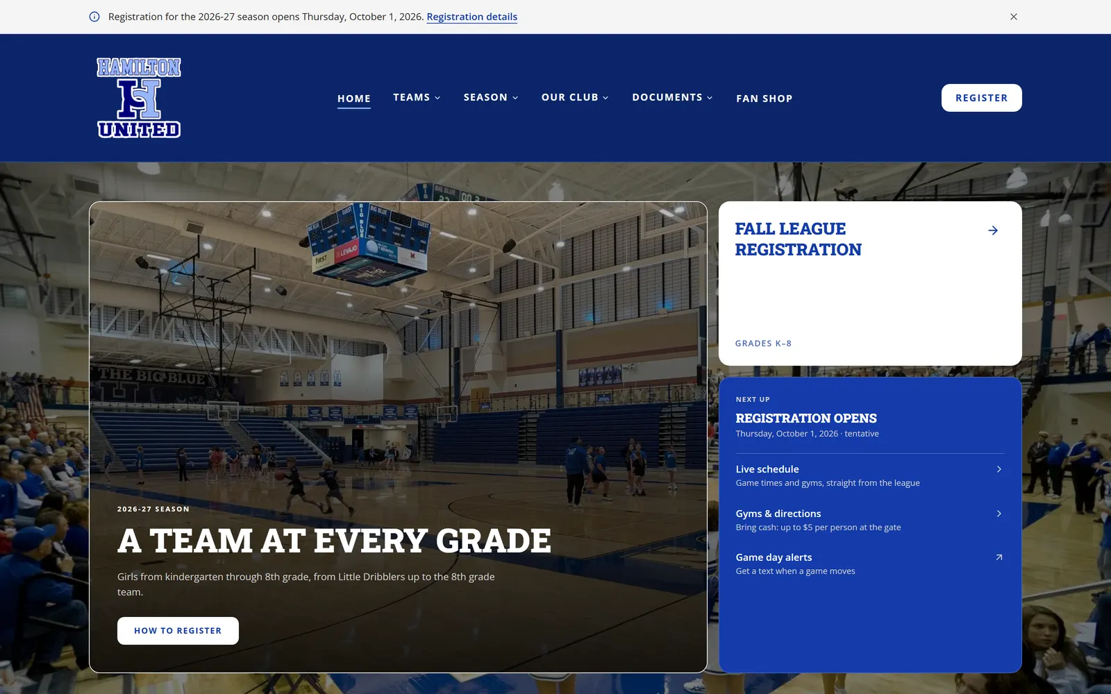 The Hamilton United Girls Basketball website on a desktop screen