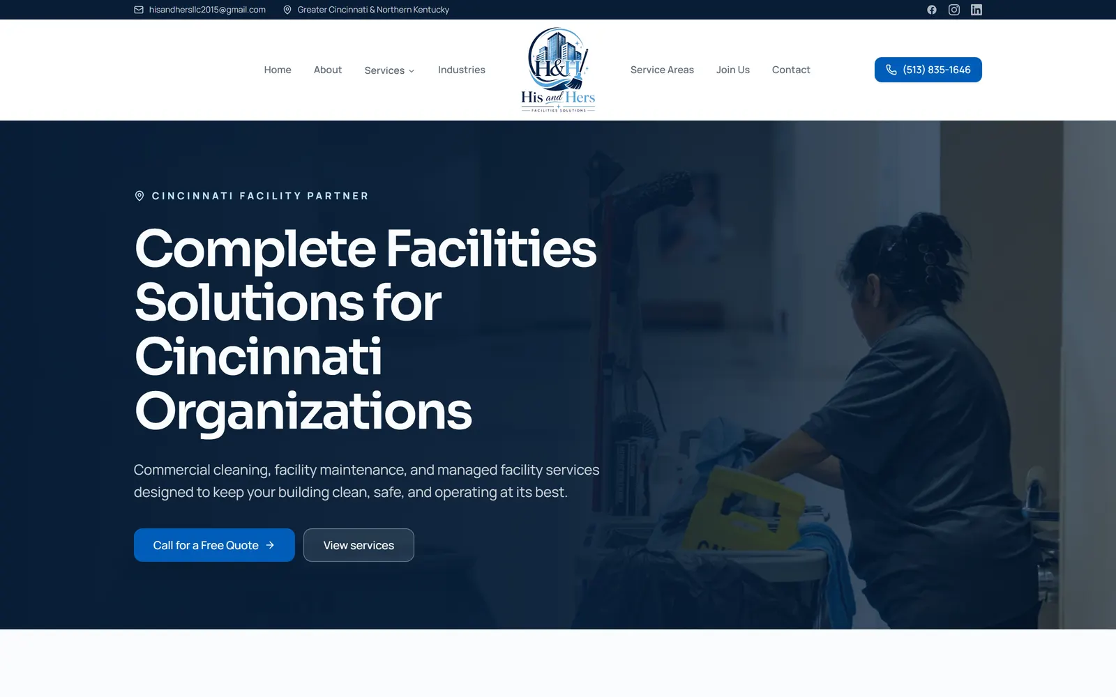 The His and Hers Facilities Solutions website on a desktop screen