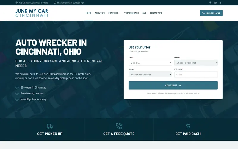 The Junk My Car Cincinnati website built by Cincinnati Web Designs