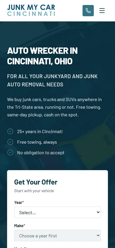 The Junk My Car Cincinnati website on a phone
