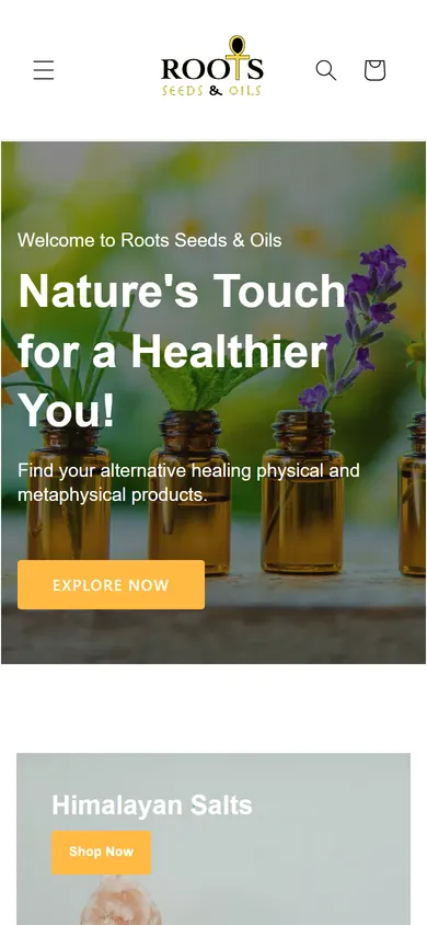 The Roots Seeds & Oils website on a phone