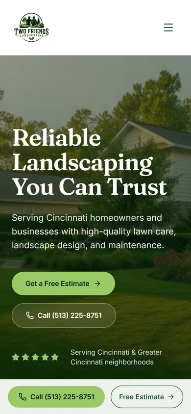 The Two Friends Landscaping website on a phone