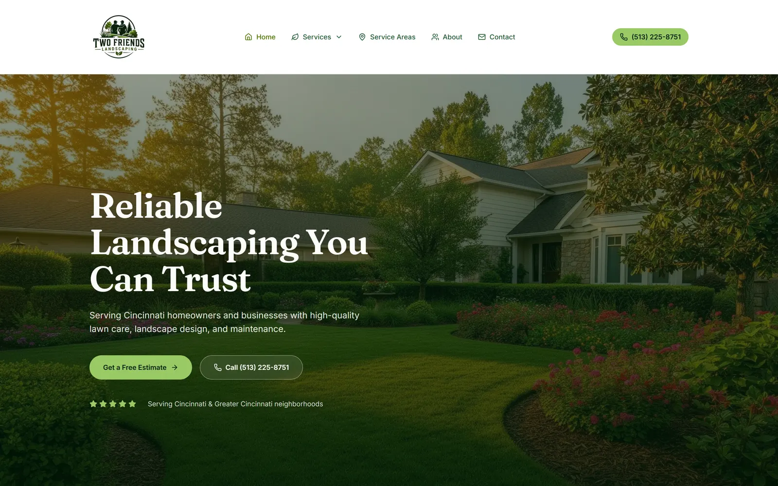 The Two Friends Landscaping website on a desktop screen