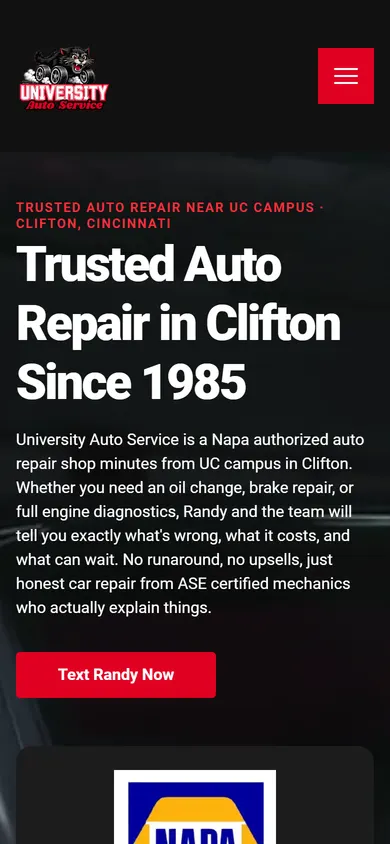 The University Auto Service website on a phone
