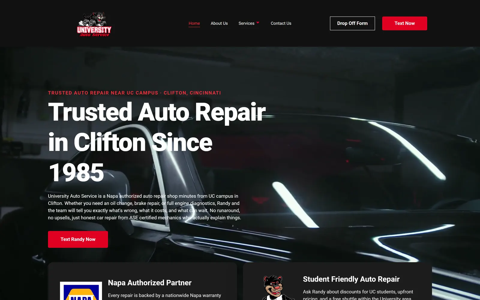 The University Auto Service website on a desktop screen