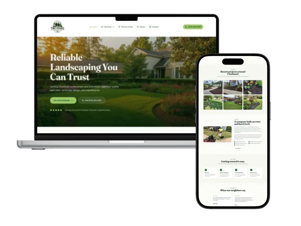 Two Friends Landscaping LLC website design on laptop and mobile